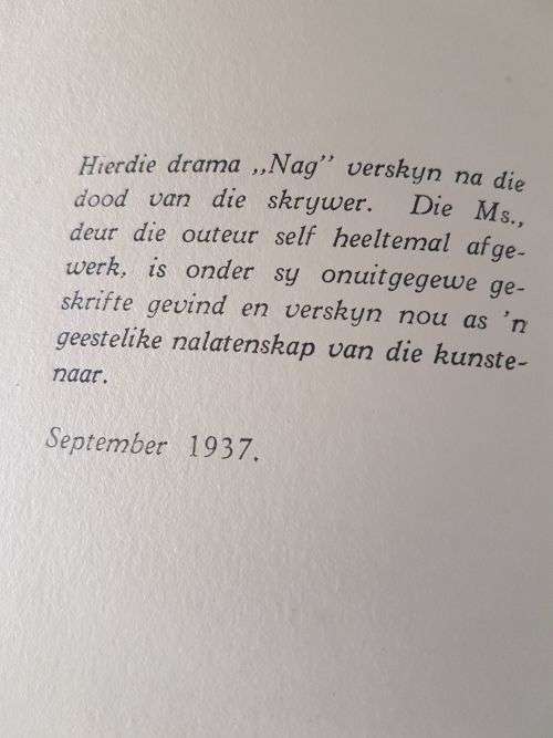 1937 First Edtion:  Nag. 'n Drama in Vier Bedrywe by Eugene Marais (published posthumously)