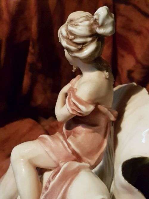 Antique Art Nouveau Royal Dux Porcelain Centerpiece / Spill Vase ~ Nymph Seated on a Shell ~ c1900