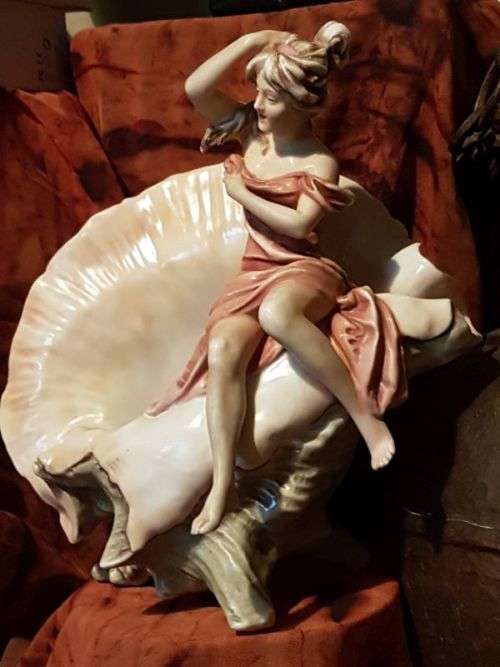 Antique Art Nouveau Royal Dux Porcelain Centerpiece / Spill Vase ~ Nymph Seated on a Shell ~ c1900