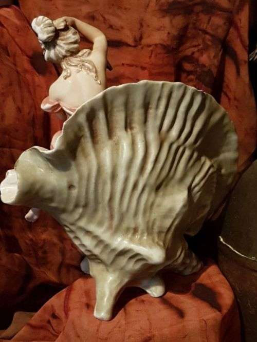 Antique Art Nouveau Royal Dux Porcelain Centerpiece / Spill Vase ~ Nymph Seated on a Shell ~ c1900