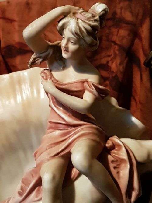 Antique Art Nouveau Royal Dux Porcelain Centerpiece / Spill Vase ~ Nymph Seated on a Shell ~ c1900