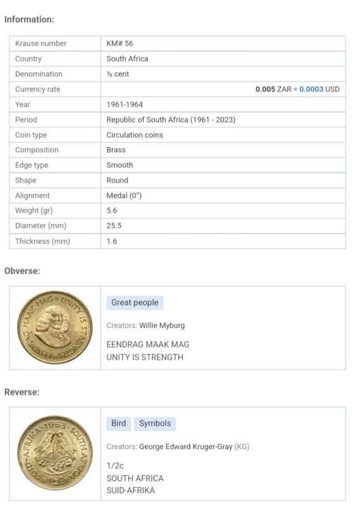 1964 HALF CENT COIN REPUBLIC OF SOUTH AFRICA