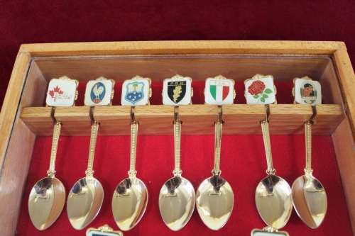 1995 Rugby world cup Spoons in a glass case - 26 x 43 x 5 cm