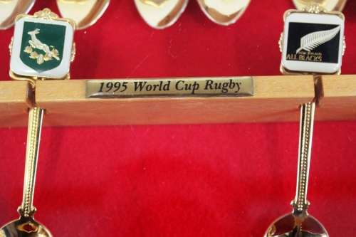 1995 Rugby world cup Spoons in a glass case - 26 x 43 x 5 cm