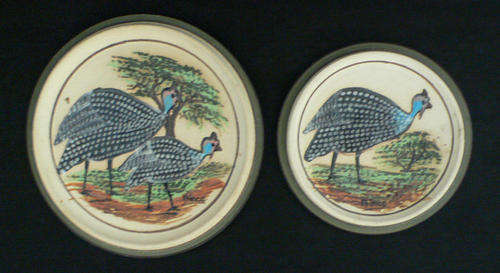HANPAINTED POTTERY PLATE WALL HANGINGS OF GUINEA FOWLS - Signed By The Artist - Douglous Marking