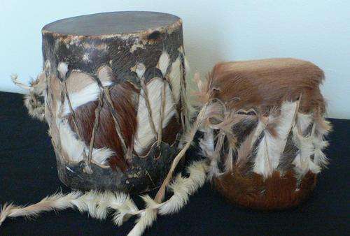 (2) SMALL AFRICAN TRIBAL DRUMS - BEAUTIFULLY HANDMADE WITH NGUNI SKIN!!!