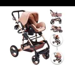 Baby Pram Stroller - 4 Wheel 3 in 1 Function Foldable Baby Pram with Car Seat- Chocolate