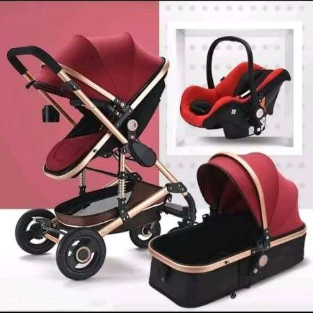 Baby Pram Stroller - 3 Function Foldable Baby Pram with Car Seat -  meroon colour