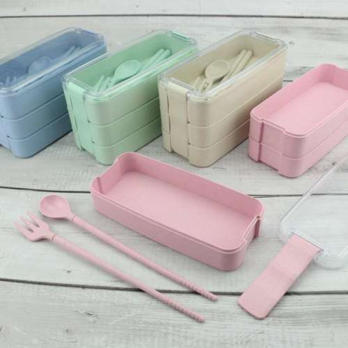 900ml Portable Lunch Box 3 Layer Wheat Straw Bento Boxes Microwave Dinnerware Food Storage Container
