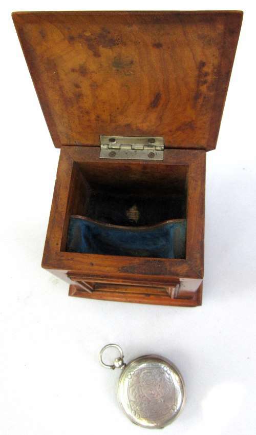 very rare wooden antique fob watch case containing fine sterling silver fob watch key winder