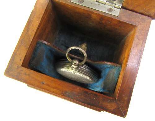 very rare wooden antique fob watch case containing fine sterling silver fob watch key winder