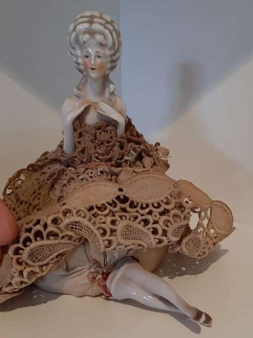 Vintage porcelain Half Doll/pin cushion figure with ball gown, plus legs with shoes, great condition