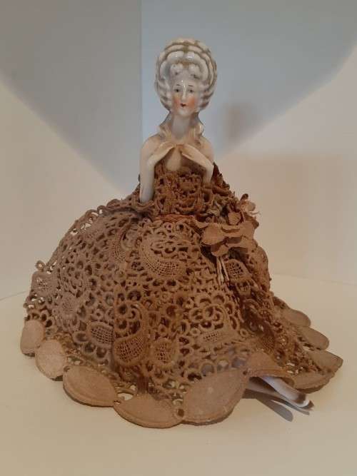 Vintage porcelain Half Doll/pin cushion figure with ball gown, plus legs with shoes, great condition