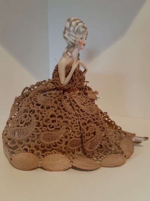 Vintage porcelain Half Doll/pin cushion figure with ball gown, plus legs with shoes, great condition