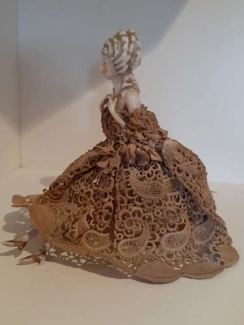 Vintage porcelain Half Doll/pin cushion figure with ball gown, plus legs with shoes, great condition