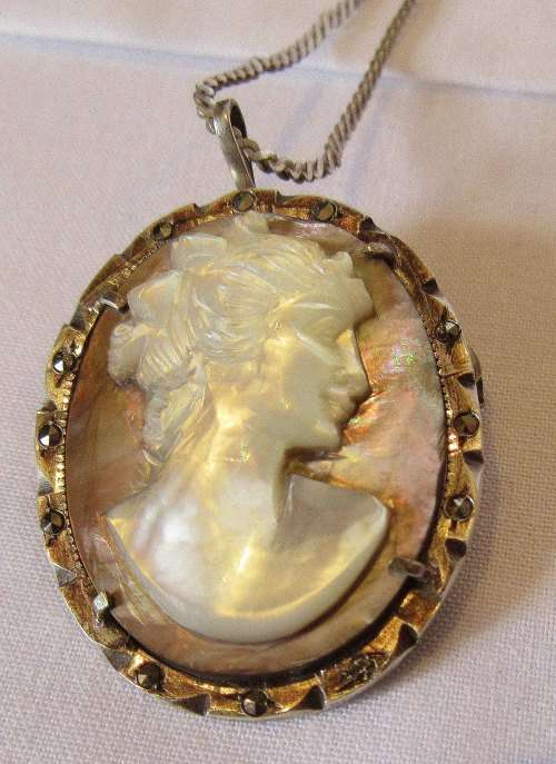 Unusual Vintage Silver Cameo, shell and MOP with a sterling 925 silver chain +