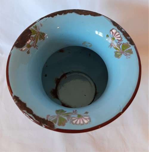 Collectible Vintage Czechoslovakia BE Enamel kitchen vase in blue with enamel flora