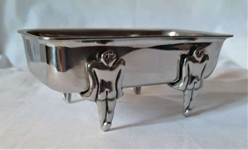 Seldom seen Carrol Boyes Stainless Steel oblong soap or sauce dish with 4 standing man feet. VGC