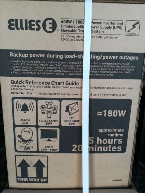 Ellies 1000va Power inverter unit complete with 1 x 105a Deep cycle battery on mobile trolley unit.