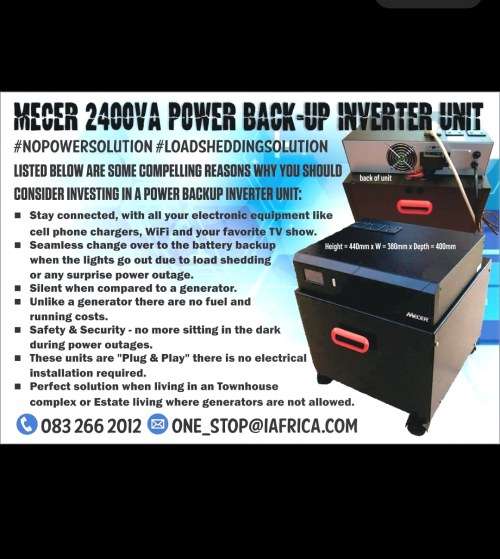Mecer 2400VA Power back-Up Inverter in mobile cabinet with 2 x ROYAL 105 a/h Deep cycle batteries