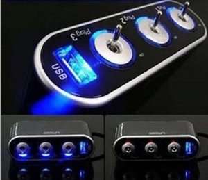 USB Port Car Cigarette Charger Lighter& Socket Extender Splitter Adatper with Blue LED L (3 PORT)