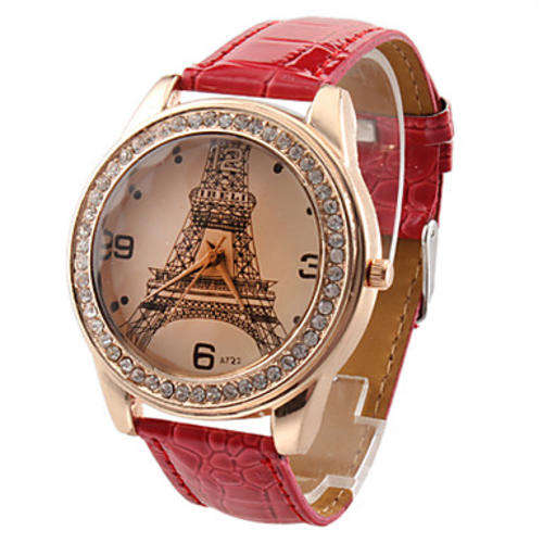 Eiffel Tower Pattern Gold Case Quartz Analog Wrist Watch