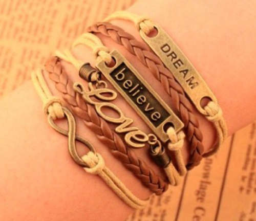 Dream, Believe, Love & Infinity Charm bracelet - leather - Brown