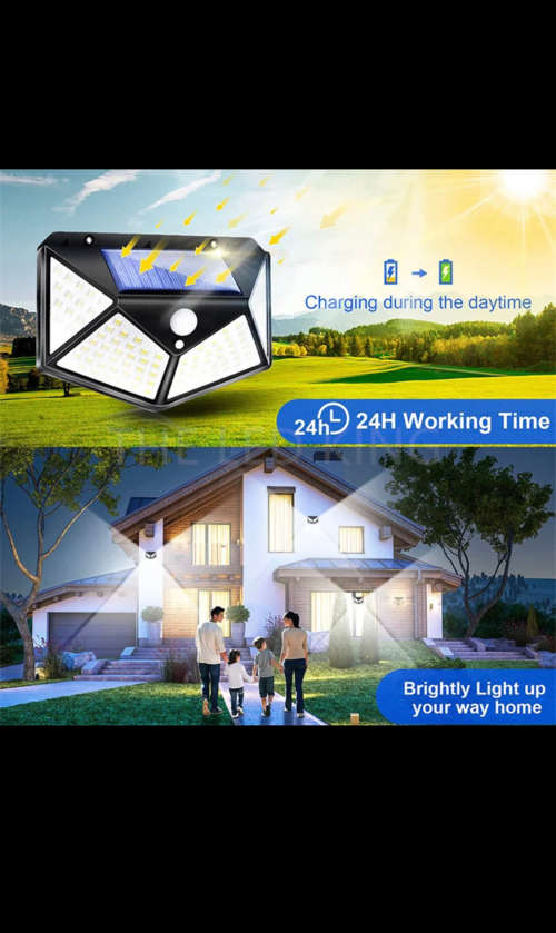 Solar LED Outdoor Garden Lamp Human Body Induction Wall Lamps Four Sides 100LED Charging Home Decor