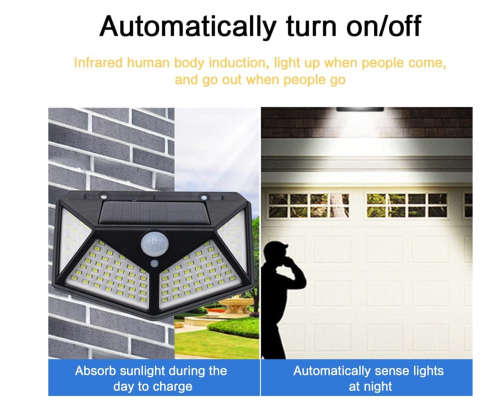 Solar LED Outdoor Garden Lamp Human Body Induction Wall Lamps Four Sides 100LED Charging Home Decor