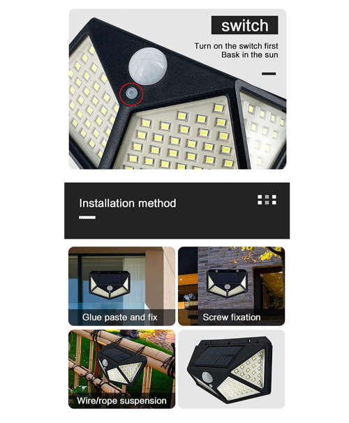 Solar LED Outdoor Garden Lamp Human Body Induction Wall Lamps Four Sides 100LED Charging Home Decor