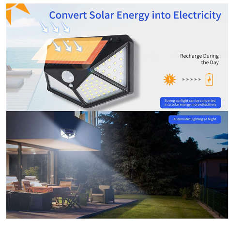 Solar LED Outdoor Garden Lamp Human Body Induction Wall Lamps Four Sides 100LED Charging Home Decor