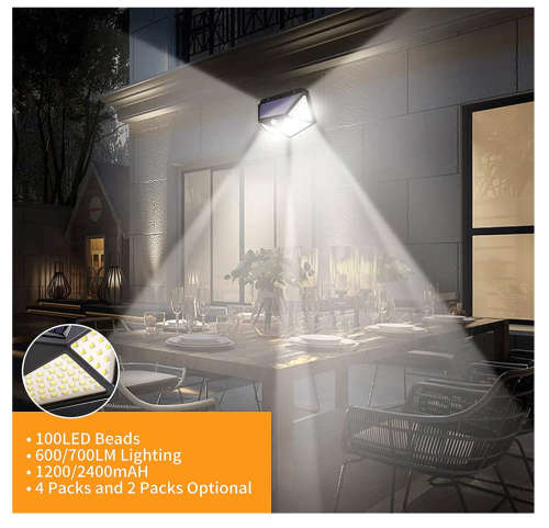 Solar LED Outdoor Garden Lamp Human Body Induction Wall Lamps Four Sides 100LED Charging Home Decor