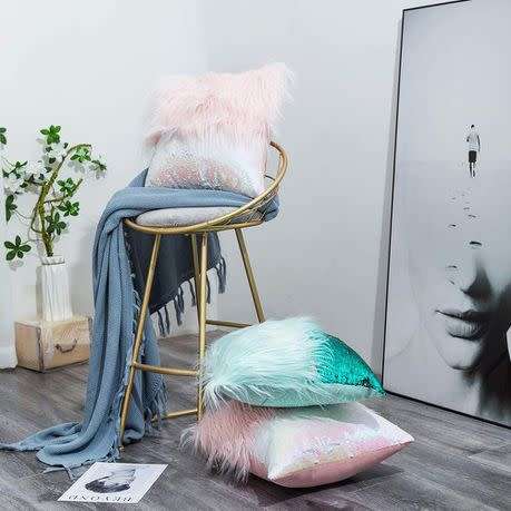 Sequin Fur Cushion Cover Mermaid Set of 2 - Pink and Grey(Please advise Colour)