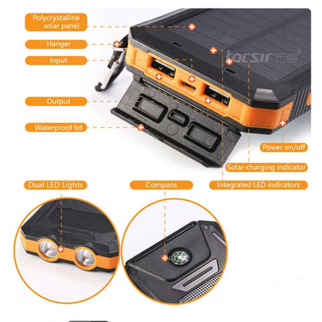 AT-77 - Solar Powered 20000mAh Power Bank - Dual USB Output & Flashlight  - Orange