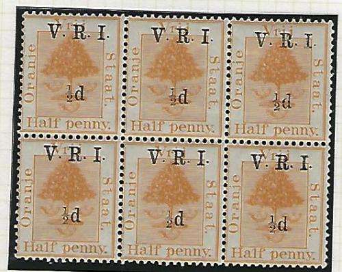 OFS 1900 raised stops, SACC 59 with variety, overprint raised. mm on two stamps only, split perf.