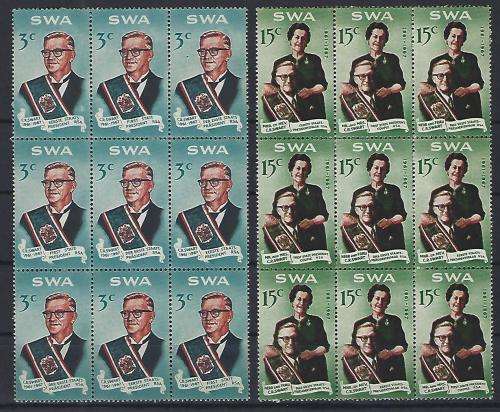 S.W.A. 1968 SACC 234-235Pres Swart 6 x strips of 3, 3c and 15c mm cv R300-00.