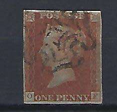 GB 1854-57 1d imperforated with four margins, slightly blued paper. Maltese cross cancellation.