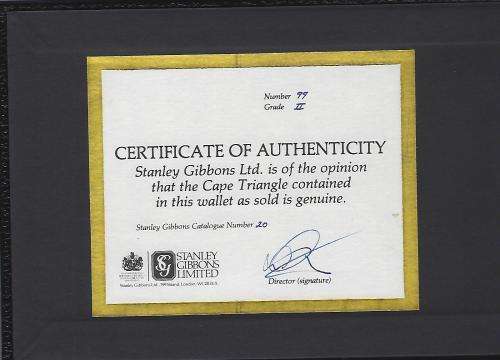 Cape of Good Hope 6d Triangle with Stanley Gibbons Certificate of Authenticity in collectors wallet.