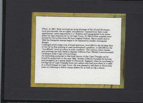 Cape of Good Hope 6d Triangle with Stanley Gibbons Certificate of Authenticity in collectors wallet.