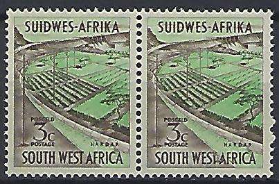 SWA 1963 Hardap Dam pair MNH with variety flaw between T&A, SACC 221b becoming scares.