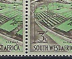 SWA 1963 Hardap Dam pair MNH with variety flaw between T&A, SACC 221b becoming scares.