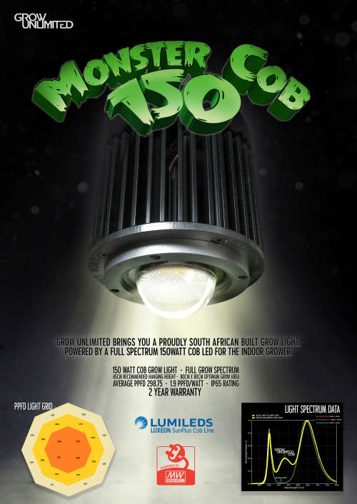 Monster COB 150w indoor grow light, with full spectrum light and one year warranty.