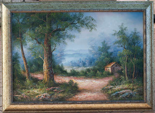 Beautiful Oil on Board, Signed (Cabin in a Forest Scene)