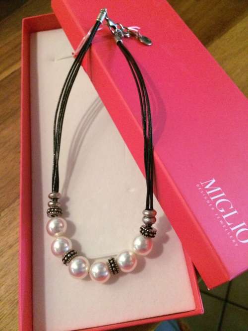Designer Miglio Pearl and Leather Necklace.