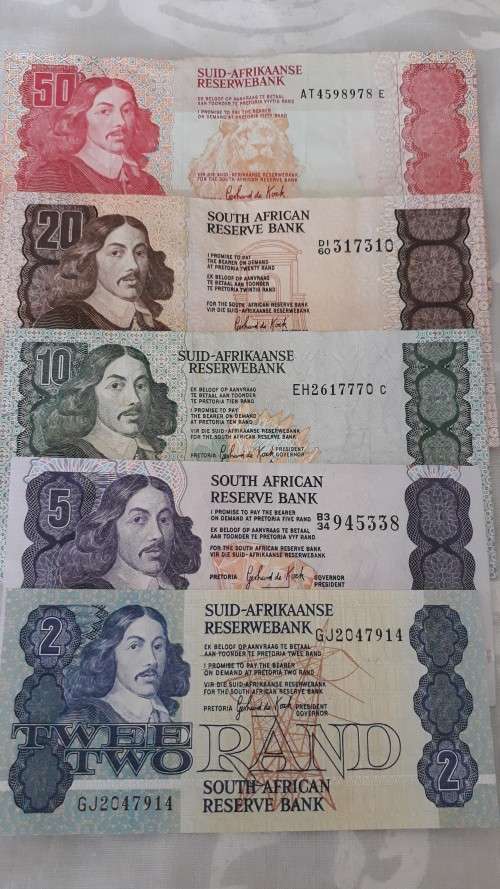 Complete Collection of Gerhard de Kock Banknotes! From Fifty rand to Two rand! Very good condition!