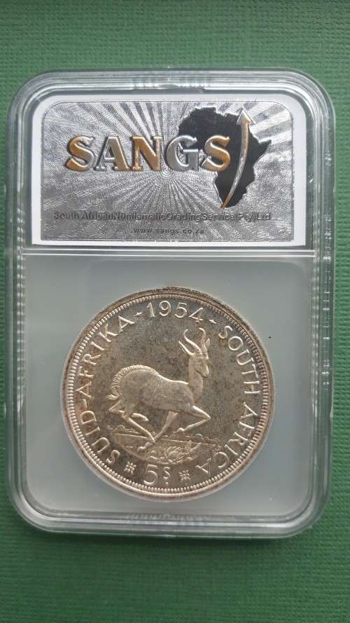 1954 SA Union 5 Shillings (Crown) Proof SANGS PF63. SCARCE DATE! Beautiful! R1 Start!