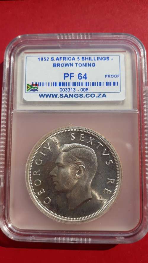 1952 SA Union SANGS PF64 Proof 5 Shillings (Crown) Slabbed. Brown Toning! Beautiful coin! R1 Start!