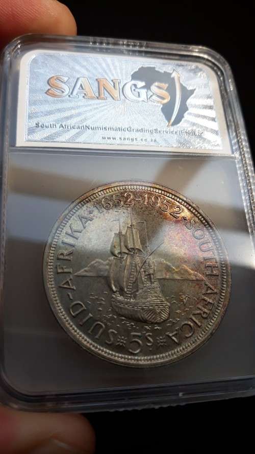 1952 SA Union SANGS PF64 Proof 5 Shillings (Crown) Slabbed. Brown Toning! Beautiful coin! R1 Start!