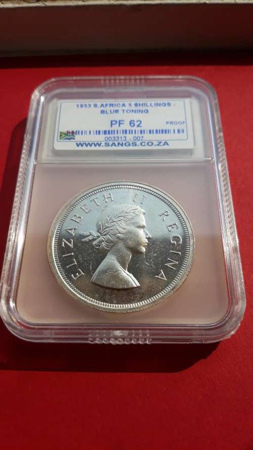1953 SA Union SANGS PF62 Proof 5 Shillings (Crown) Slabbed. Blue Toning! Beautiful coin! R1 Start!