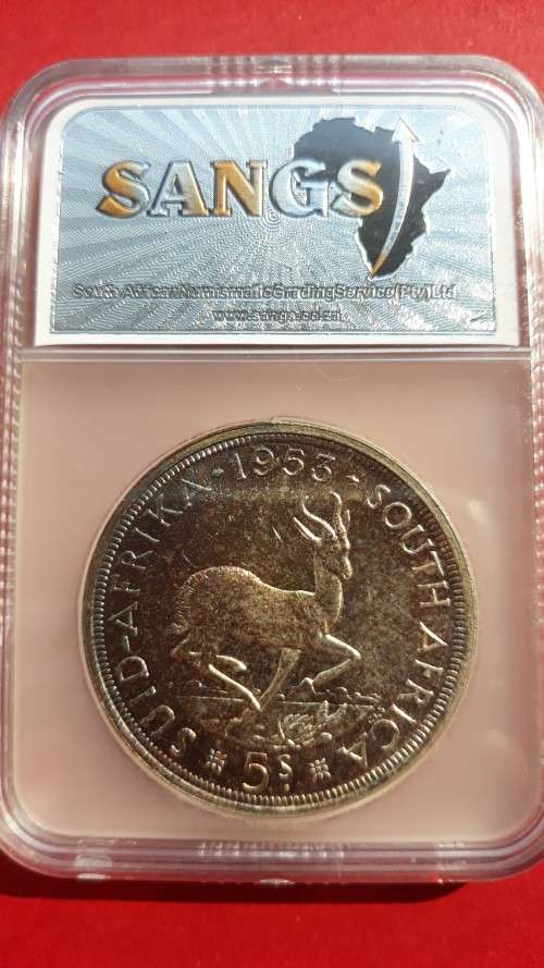1953 SA Union SANGS PF62 Proof 5 Shillings (Crown) Slabbed. Blue Toning! Beautiful coin! R1 Start!